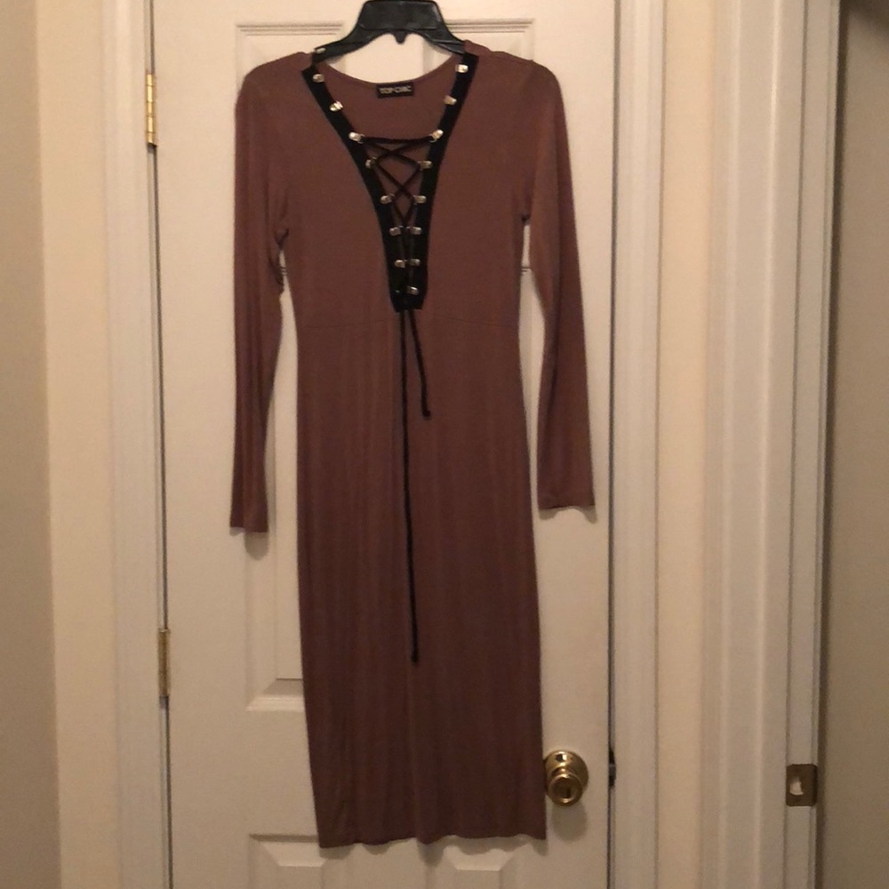 Tan Long Sleeve Midi Dress w/Laced Up Front